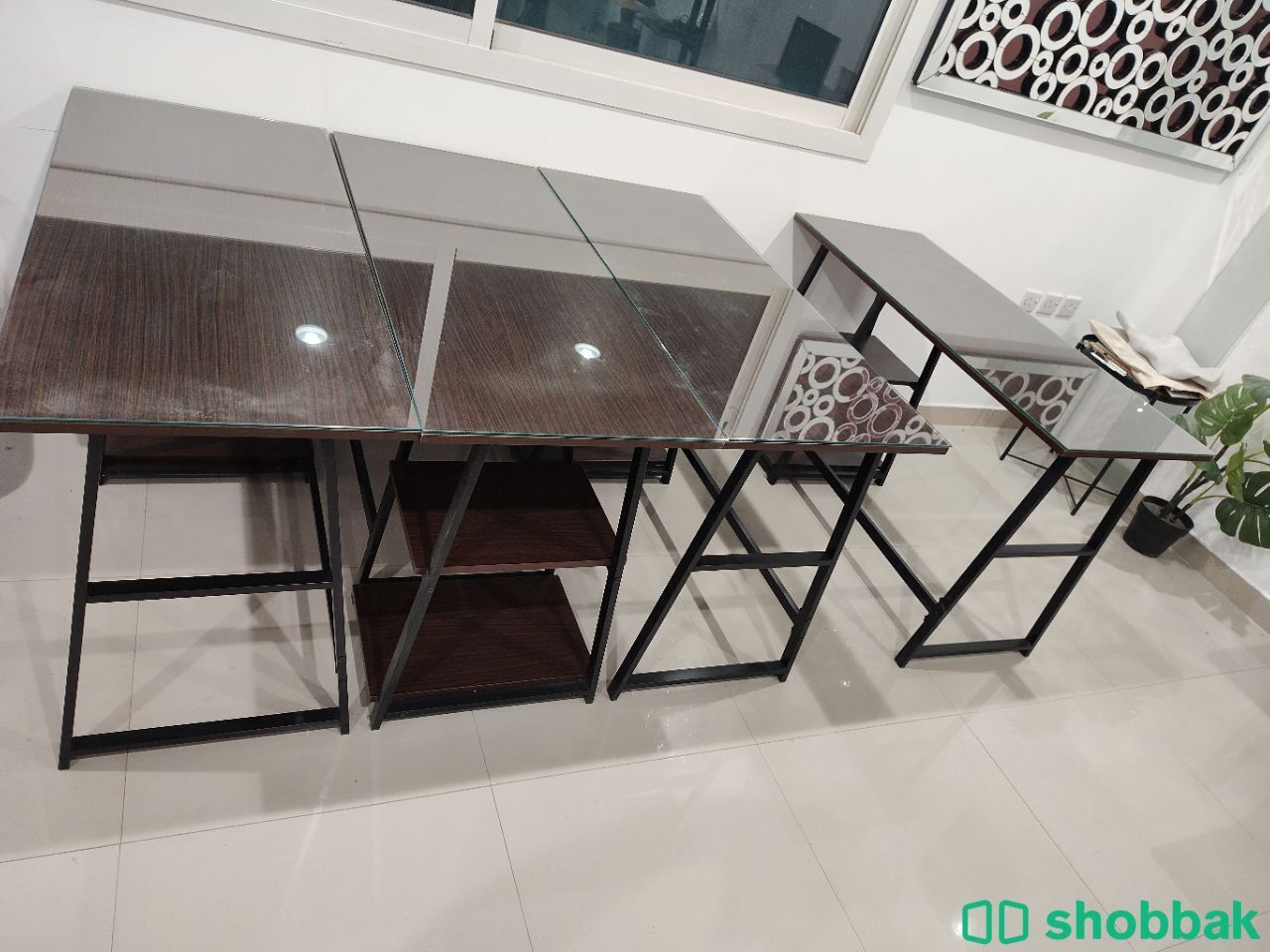 4 brown wood desks with glass top شباك السعودية
