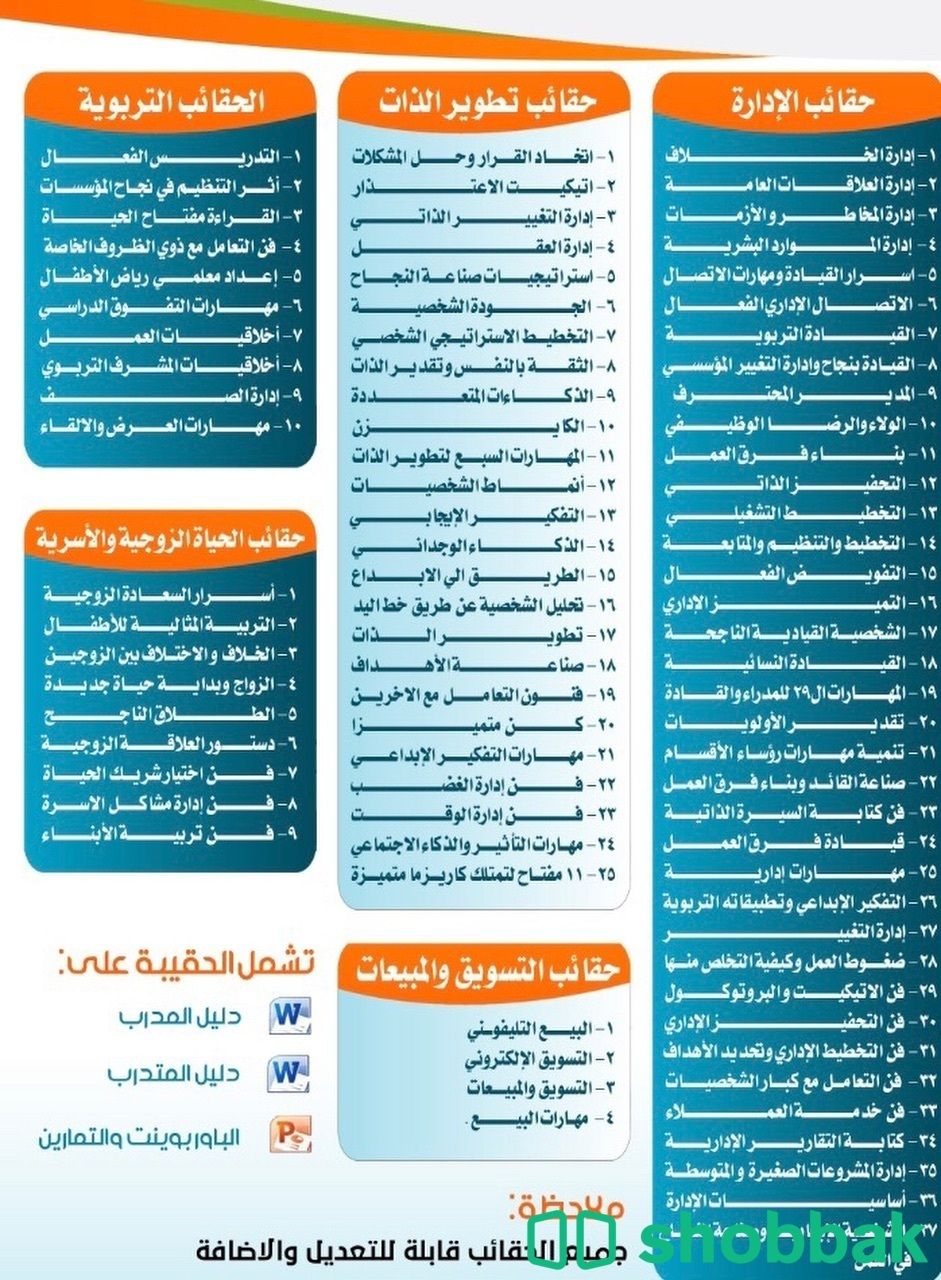 حقائب تدريبية حسب التخصصات  Shobbak Saudi Arabia