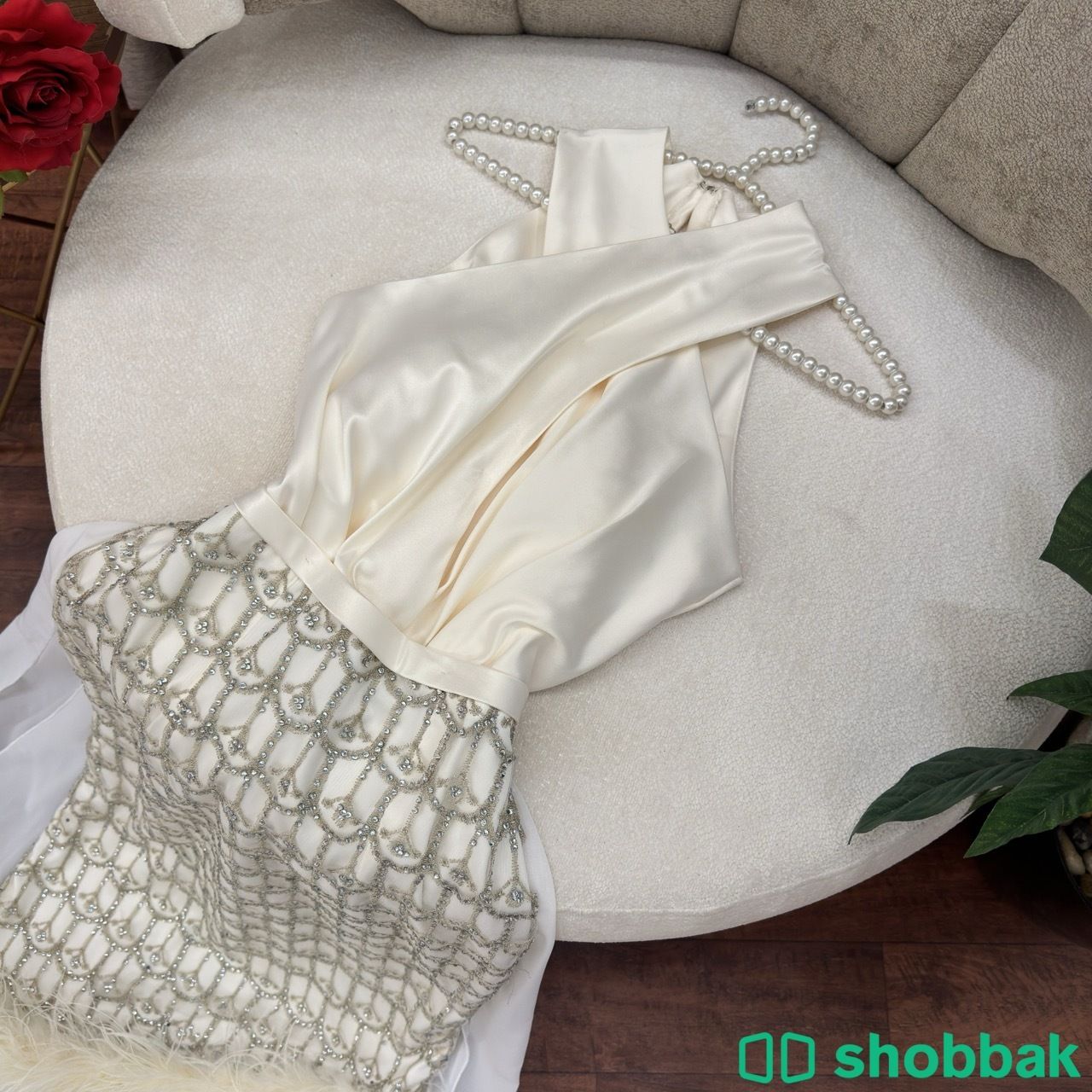فستان ستان مع شيفون وتطريز Shobbak Saudi Arabia